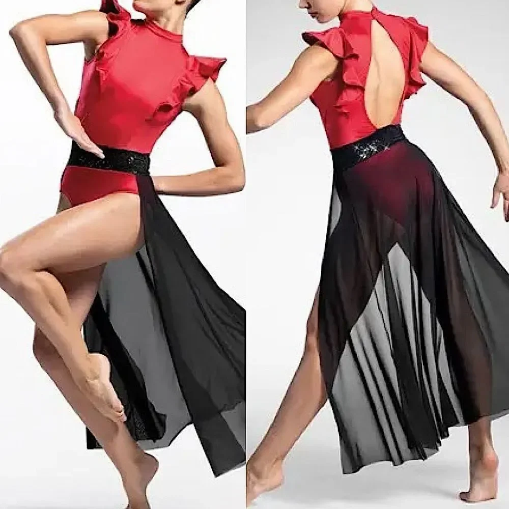 Weissman Elite Dance costume red black maxi mesh dress Alejandro D12165 SA adult